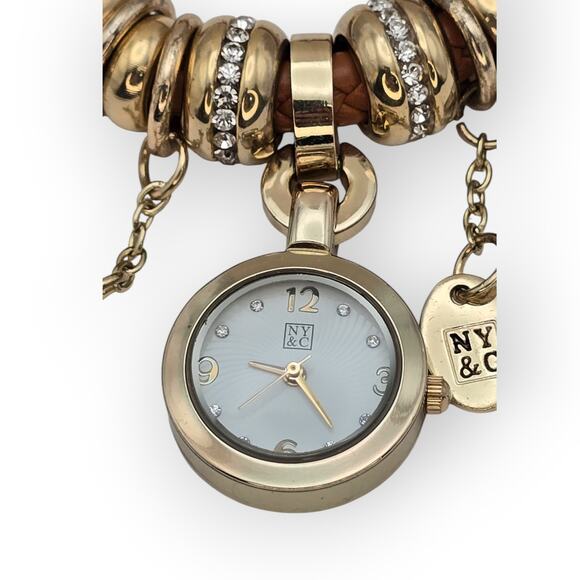 NY & Co Charm Bracelet Watch – Brown Braided Leather – Rhinestone Accents - Picture 5 of 9